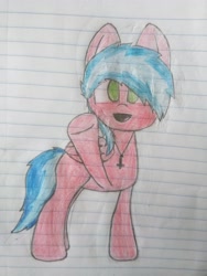Size: 3456x4608 | Tagged: safe, artist:flame starkly, oc, oc only, oc:flame pepper, demon, demon pony, original species, pegasus, grin, lined paper, looking at you, paper, smiling, solo, traditional art, upside down cross, waving