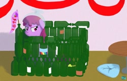 Size: 600x384 | Tagged: safe, artist:quint-t-w, berry punch, berryshine, earth pony, pony, 2016, bottle, bottle fort, cartoon physics, flag, fort, old art, pillow, punch (drink), punch bowl, smiling, smirk, solo, table