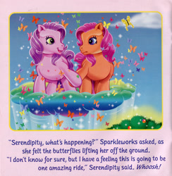 Size: 1280x1309 | Tagged: safe, artist:carlo loraso, artist:heckyeahponyscans, edit, sparkleworks, butterfly, earth pony, pony, g3, book, cloud, duo, heart eyes, holding hooves, looking at each other, out of context, riding, serendipity, shipping fuel, whoosh, wingding eyes
