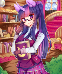 Size: 2800x3360 | Tagged: safe, artist:shir124365, derpibooru import, sci-twi, twilight sparkle, unicorn twilight, human, pony, unicorn, equestria girls, anime, book, bookshelf, clothes, crystal prep academy uniform, cutie mark on clothes, eared humanization, female, glasses, golden oaks library, horned humanization, humanized, looking at you, pixiv, pleated skirt, pony ears, ponytail, school uniform, shirt, skirt, smiling, solo, stairs, vest