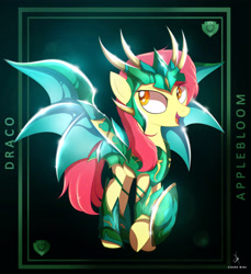 Size: 3840x4200 | Tagged: safe, artist:zidanemina, derpibooru import, apple bloom, earth pony, pony, armor, black background, crossover, draco, female, filly, looking at you, older, older apple bloom, saint seiya, simple background, solo
