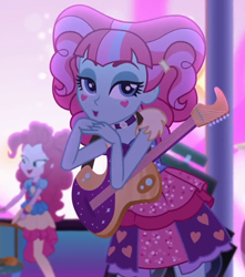 Size: 746x845 | Tagged: safe, screencap, kiwi lollipop, pinkie pie, better together, equestria girls, sunset's backstage pass!, choker, clothes, cropped, cute, drums, electric guitar, female, guitar, k-lo, lidded eyes, looking at you, musical instrument, skirt, stage, true original (song)