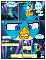 Size: 612x792 | Tagged: safe, artist:newbiespud, edit, edited screencap, screencap, gallus, griffon, pony, comic:friendship is dragons, what lies beneath, claustrophobia, comic, crystal, dialogue, eye reflection, laser, looking up, male, paw pads, paws, reflection, scared, screencap comic, sweat, toe beans, underpaw