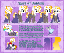 Size: 4488x3700 | Tagged: safe, artist:paradiseskeletons, oc, oc only, oc:heart of platinum, oc:prince rainshine, pegasus, pony, unicorn, alicorn amulet, blue eyes, bodysuit, cloak, clothes, colt, female, glowing eyes, gold eyeshadow, hug, male, mare, mother and child, mother and son, nobility, nylon, parent and child, reference sheet, ych result