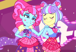 Size: 1568x1080 | Tagged: safe, screencap, kiwi lollipop, supernova zap, better together, equestria girls, sunset's backstage pass!, clothes, cropped, duo, duo female, eyes closed, female, grin, hand on shoulder, heart, k-lo, lidded eyes, miniskirt, postcrush, skirt, smiling, smug, su-z