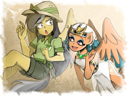 Size: 800x600 | Tagged: safe, artist:thegreatrouge, derpibooru import, daring do, somnambula, anthro, pegasus, clothes, explorer outfit, female, hat, human facial structure, lol, looking at each other, mare, pith helmet, shirt, shorts, smiling, surprised, wide eyes