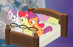 Size: 945x615 | Tagged: safe, screencap, apple bloom, scootaloo, sweetie belle, growing up is hard to do, bed, being big is all it takes, cropped, cutie mark crusaders, female, older, older apple bloom, older cmc, older scootaloo, older sweetie belle, steering wheel, trio