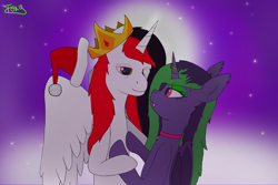 Size: 7500x5000 | Tagged: safe, artist:graphictoxin, artist:thedaren666, oc, oc only, oc:daren, oc:graphic toxin, alicorn, bat pony, pony, unicorn, absurd resolution, christmas, clothes, cloud, collar, crown, fangs, fog, gay, glowing eyes, hat, holiday, jewelry, love, male, moon, new year, oc x oc, regalia, santa hat, shipping, sky, stallion, stars, tired, transformation, wings