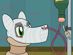 Size: 2048x1556 | Tagged: safe, artist:wingcommanderrudoji, oc, oc only, oc:contrail, earth pony, pony, alcohol, bandage, drunk, drunk bubbles, feeding tube, hospital, injured, medical bondage, neck brace, wine, wine bottle