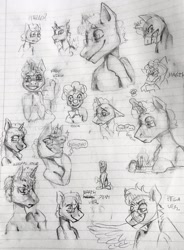 Size: 1536x2086 | Tagged: safe, artist:gangurru, oc, oc:rayshine zoetrope, changeling, unicorn, clown, glasses, lined paper, pencil, sketch, sketch dump, traditional art