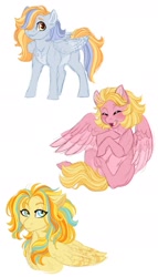 Size: 1024x1792 | Tagged: safe, artist:azure-art-wave, oc, oc only, oc:paisley, oc:pillowtalk lovestruck, oc:whirlwind, pegasus, pony, female, magical lesbian spawn, mare, offspring, parent:derpy hooves, parent:honey lemon, parent:soarin', parent:spitfire, parents:soarinfire, simple background, white background