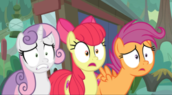 Size: 1571x869 | Tagged: safe, screencap, apple bloom, scootaloo, sweetie belle, growing up is hard to do, cropped, cutie mark crusaders, faic, older, older apple bloom, older cmc, older scootaloo, older sweetie belle, open mouth, scared, shrunken pupils, trio