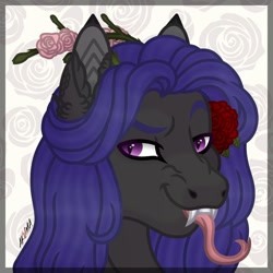 Size: 1280x1280 | Tagged: safe, artist:akumajdragon, oc, oc:ako, pony, bust, fangs, female, flower, mare, portrait, solo, tongue out