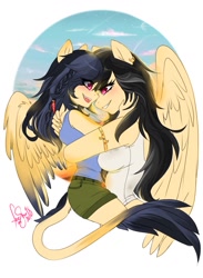 Size: 935x1280 | Tagged: safe, artist:yukie-shan, derpibooru import, daring do, oc, anthro, hybrid, female, interspecies offspring, mother and child, mother and daughter, offspring, parent and child, parent:ahuizotl, parent:daring do, parents:darizotl