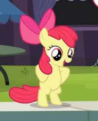 Size: 351x434 | Tagged: safe, derpibooru import, screencap, apple bloom, earth pony, pony, leap of faith, adorabloom, bipedal, cropped, cute, female, filly, foal, hooves on hips, human pose, open mouth, solo, squatting