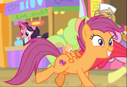 Size: 935x642 | Tagged: safe, screencap, apple bloom, jeff letrotski, scootaloo, growing up is hard to do, coral bits, cropped, excited, floral pattern, galloping, older, older apple bloom, older scootaloo, solo focus