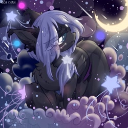 Size: 2160x2160 | Tagged: safe, artist:rico_chan, oc, oc only, earth pony, pony, blushing, chest fluff, chibi, cloud, crescent moon, female, fluffy, hairband, looking back, mare, moon, plane, planet, shooting star, signature, solo, space, stars