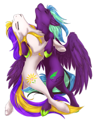 Size: 1143x1467 | Tagged: safe, artist:requiem♥, derpibooru import, oc, oc only, oc:daylily, oc:zolifer, pegasus, pony, blue and green, cheek fluff, commission, cute, cutie mark, dancing, ear fluff, female, green hooves, hooves, long mane, long tail, love, male, oc x oc, purple fur, shipping, simple background, smile face, straight, transparent background, white fur, wings, ych result