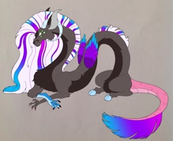 Size: 1867x1523 | Tagged: safe, artist:nightshade2004, oc, oc:cassandra, draconequus, hybrid, draconequus oc, gray background, interspecies offspring, multiple eyes, offspring, parent:big macintosh, parent:discord, parent:eris, parents:erismac, simple background, solo