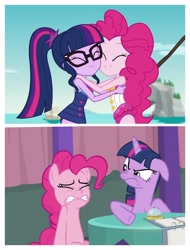 Size: 3106x4096 | Tagged: safe, edit, edited screencap, screencap, pinkie pie, sci-twi, twilight sparkle, twilight sparkle (alicorn), alicorn, a trivial pursuit, better together, equestria girls, friendship math, comparison, floppy ears, geode of telekinesis, magical geodes