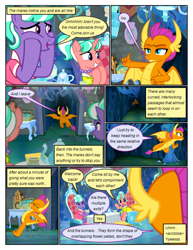 Size: 612x792 | Tagged: safe, artist:newbiespud, edit, edited screencap, screencap, smolder, dragon, earth pony, pony, unicorn, comic:friendship is dragons, what lies beneath, cave, chair, cheek squish, clothes, comic, cup, dialogue, dragoness, dress, eyes closed, female, flying, grin, jewelry, mare, necklace, pearl necklace, screencap comic, sitting, smiling, squishy cheeks, stepford ponies, table, teacup, teapot, waving