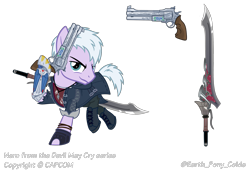 Size: 2598x1772 | Tagged: safe, artist:earth_pony_colds, pony, bionic arm, bionic hoof, clothes, coat, concept art, demon hunter, devil may cry, devil may cry 5, gun, handgun, nero (devil may cry), prosthetics, revolver, robotic hoof, show accurate, sword, weapon