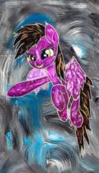 Size: 800x1388 | Tagged: safe, artist:aquilateagle, bat pony, pegasus, cardboard, flying, painting, sky, solo