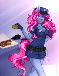 Size: 1275x1650 | Tagged: safe, artist:nanniras, derpibooru import, oc, anthro, anthro oc, donut, female, food, police uniform, solo