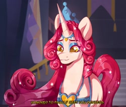 Size: 1280x1088 | Tagged: safe, artist:delzol, idw, princess amore, pony, unicorn, crown, curly mane, female, horn, jewelry, mare, necklace, regalia, solo, stairs