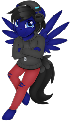 Size: 5058x8640 | Tagged: safe, artist:partylikeanartist, derpibooru import, oc, oc only, oc:water horse, anthro, pegasus, unguligrade anthro, absurd resolution, clothes, commission, dog tags, headphones, hoodie, male, officalwaterhorse, pants, simple background, smiling, solo, torn clothes, transparent background