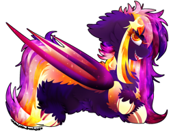 Size: 1024x786 | Tagged: safe, artist:vanillaswirl6, derpibooru import, oc, oc only, oc:ethereal sunset, bat pony, pony, bat pony oc, bat wings, ethereal mane, fluffy, hair accessory, sharp teeth, signature, simple background, sparkles, teeth, transparent background, unshorn fetlocks