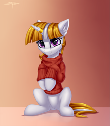 Size: 2601x3000 | Tagged: safe, artist:setharu, oc, oc only, pony, unicorn, clothes, female, gradient background, horn, horn ring, looking at you, mare, simple background, sitting, solo, sweater