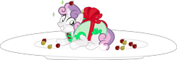 Size: 8802x3000 | Tagged: safe, artist:sollace, sweetie belle, pony, unicorn, bow, christmas, female, filly, foal, food, holiday, icing sugar, looking at you, ornaments, plate, pun, simple background, smiling, solo, taco, taco belle, transparent background, vector