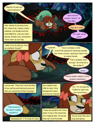 Size: 612x792 | Tagged: safe, artist:newbiespud, edit, edited screencap, screencap, yona, pony, spider, yak, comic:friendship is dragons, what lies beneath, arachnophobia, bow, cave, comic, dialogue, female, hair bow, hoof hold, implied applejack, implied rainbow dash, implied twilight sparkle, looking down, scared, screencap comic, spider web, suspicious