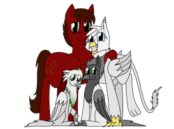 Size: 1620x1205 | Tagged: safe, artist:somber, oc, oc only, oc:avocado ice, oc:snow, oc:wildcard, oc:yearning prospect, earth pony, griffon, hippogriff, pony, colored, commission, family, female, flat colors, hippogriff oc, looking at you, male, smiling, smiling at you, stallion