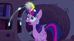 Size: 1439x810 | Tagged: safe, derpibooru import, screencap, twilight sparkle, twilight sparkle (alicorn), alicorn, pony, twilight's kingdom, book, female, golden oaks library, mare, open mouth, solo, sparking horn, sparks