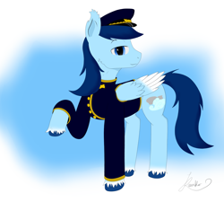 Size: 2000x1800 | Tagged: safe, artist:thekamko, derpibooru exclusive, oc, oc:swift zeppelin, pegasus, pony, captain hat, clothes, looking at you, male, palindrome get, smiling, solo, stallion, standing, suit, unshorn fetlocks