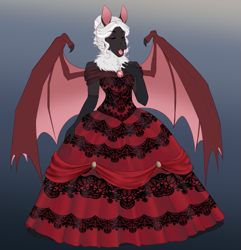 Size: 759x786 | Tagged: safe, artist:askbubblelee, oc, oc only, anthro, bat pony, unguligrade anthro, abstract background, anthro oc, bat pony oc, beautiful, brooch, clothes, cute, digital art, dress, evening gloves, eyelashes, eyes closed, eyeshadow, fangs, female, gloves, gown, lipstick, long gloves, makeup, mare, neck fluff, ocbetes, open mouth, shoulder fluff, singing, solo