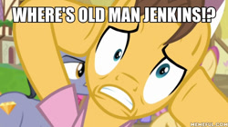 Size: 600x337 | Tagged: safe, edit, edited screencap, screencap, caramel, pony, fame and misfortune, dramamel, my pretty seahorse, old man jenkins, spongebob squarepants