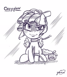 Size: 1773x2048 | Tagged: safe, artist:garammasara, cozy glow, pegasus, pony, chained, evil, female, filly, solo