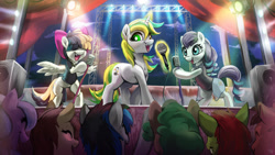 Size: 2000x1125 | Tagged: safe, artist:fidzfox, coloratura, songbird serenade, oc, oc:green stars, earth pony, pegasus, pony, unicorn, my little pony: the movie, audience, commission, concert, crowd, eyes closed, female, glowing horn, hair over eyes, horn, levitation, lights, magic, mare, microphone, open mouth, rara, stage, telekinesis