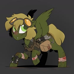 Size: 1800x1800 | Tagged: safe, artist:crimmharmony, oc, oc only, oc:murky, pegasus, pony, fallout equestria, fallout equestria: murky number seven, bag, bandage, battle saddle, clothes, dark background, fanfic art, goggles, grappling hook, jacket, male, pipbuck, saddle bag, solo, stallion, wings