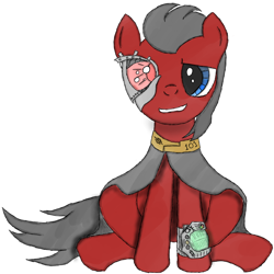 Size: 894x894 | Tagged: safe, artist:thestive19, derpibooru import, oc, oc only, oc:red eye, cyborg, earth pony, pony, fallout equestria, cyber eyes, fallout, fanfic, fanfic art, grin, hooves, looking at you, male, pipbuck, sheepish grin, simple background, sitting, smiling, solo, stallion, white background