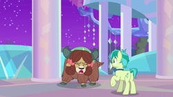 Size: 1920x1080 | Tagged: safe, screencap, sandbar, yona, earth pony, pony, yak, she's all yak, bow, bowtie, cloven hooves, duo, female, hair bow, male, monkey swings