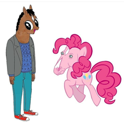 Size: 1080x1072 | Tagged: artist needed, source needed, useless source url, safe, pinkie pie, anthro, earth pony, horse, pony, anthro with ponies, bojack horseman, colored, crossover, cursed image, duo, face swap, faic, female, happy, head swap, hoers, horse face, looking back, majestic as fuck, mare, nightmare fuel, no seriously what, not salmon, open mouth, ponified, raised hoof, simple background, smiling, trotting, wat, what has science done, white background, wide eyes