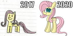 Size: 1450x725 | Tagged: safe, artist:rainbowbacon, fluttershy, pegasus, pony, 2017, 2020, lined paper, redraw, solo, traditional art