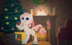 Size: 3018x1906 | Tagged: safe, artist:kijojora, oc, oc only, pony, unicorn, bipedal, blushing, candle, christmas, christmas stocking, christmas tree, featureless crotch, female, fire, fireplace, gift box, holiday, jewelry, looking back, mare, merry christmas, solo, tiara, tree, white pony