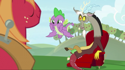 Size: 1280x720 | Tagged: safe, screencap, big macintosh, discord, spike, draconequus, dragon, earth pony, pony, the big mac question, chair, claws, cute, flying, male, smiling, spikabetes, stallion, tail, winged spike, wings