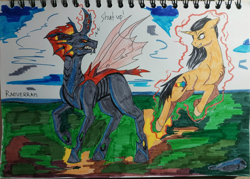 Size: 1280x917 | Tagged: safe, artist:raeverran, oc, oc only, oc:rushy, oc:xevium, changeling, unicorn, glowing horn, horn, magic, red changeling, tag me plz, telekinesis, traditional art