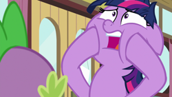 Size: 1920x1080 | Tagged: safe, screencap, spike, twilight sparkle, twilight sparkle (alicorn), alicorn, dragon, pony, a trivial pursuit, floppy ears, messy mane, reaction image, squishy cheeks, twilight snapple, winged spike